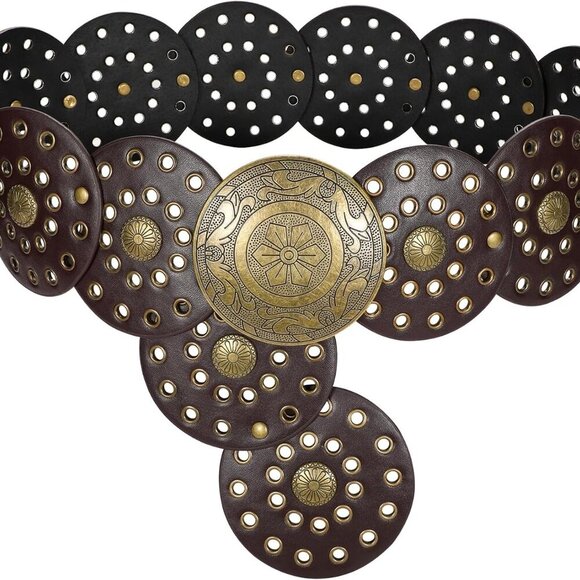 Women's Boho Disc Belt Wide Western Leather Belt Vintage Concho Waist Belt for D